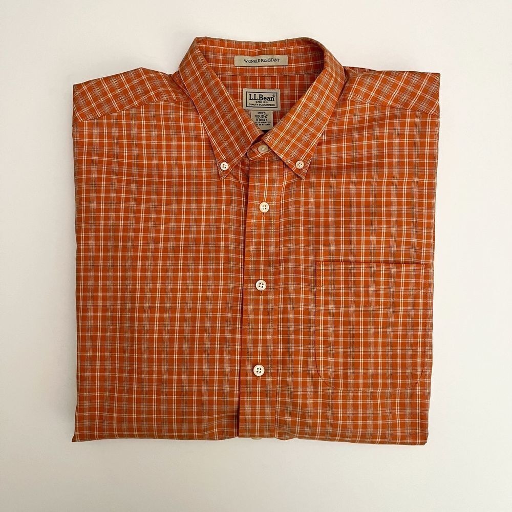 L.L. Bean Mens Orange Plaid Button Down Shirt, LL Bean‎ Mens Collared Shirts E14